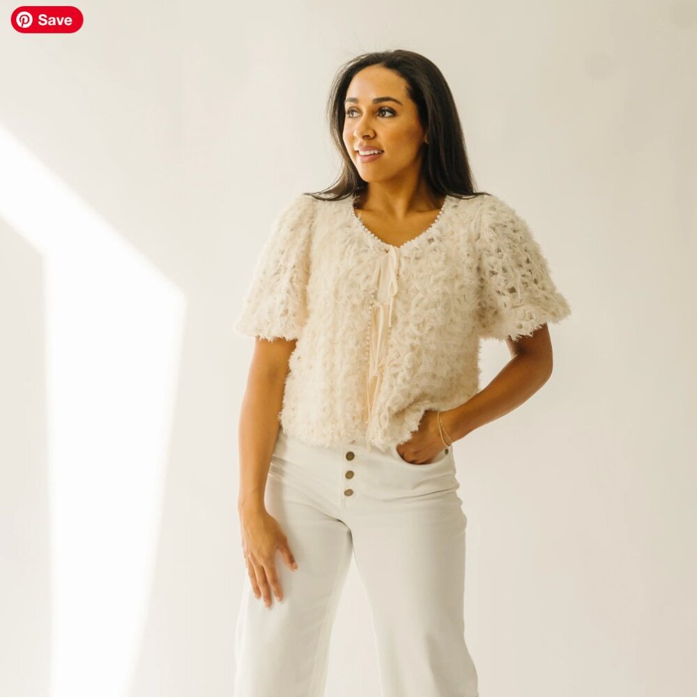 PIPER & SCOOT NWT | Pearl Trim Textured Blouse in Cream